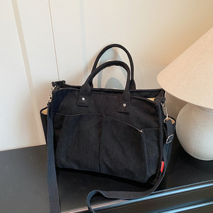 2025新款简约灯芯绒托特包包女大容量多口袋手提斜挎包黑色通勤包