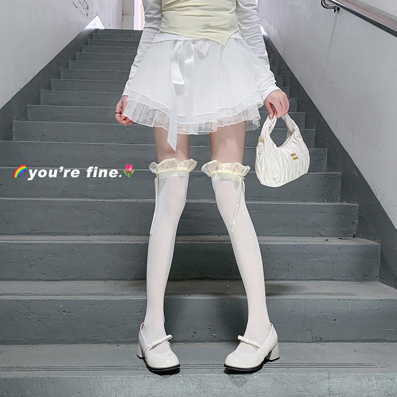 白色过膝袜女蕾丝花边小腿袜子春夏季lolita蝴蝶结芭蕾风JK长筒袜,女士内衣/男士内衣/家居服,长筒袜,淘宝优惠券,粉丝福利购,淘宝优惠卷
