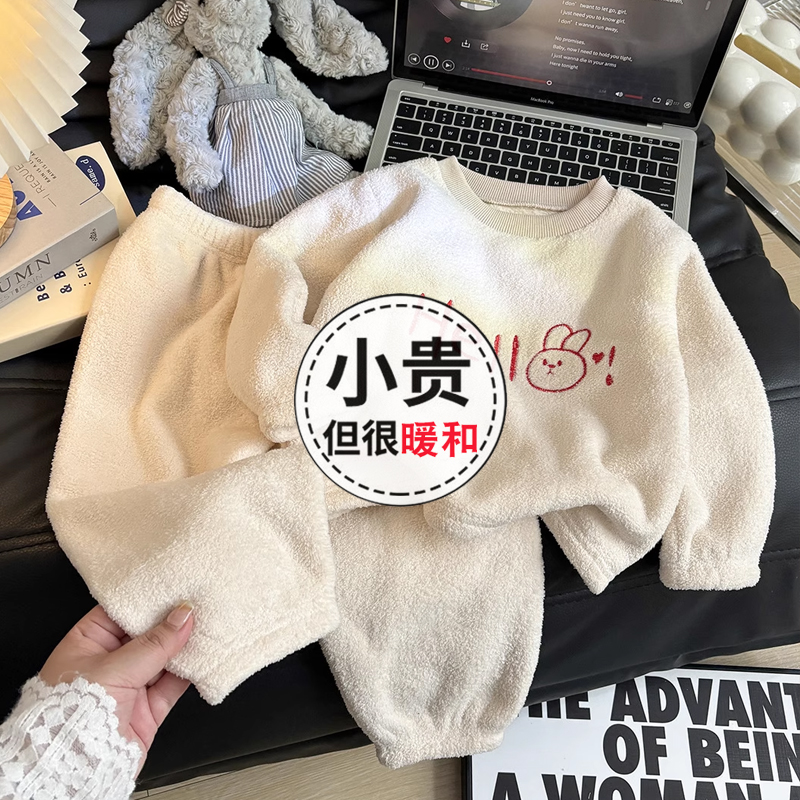 儿童加绒睡衣睡裤秋冬季新款加厚家居服男女童奥利绒外穿保暖套装