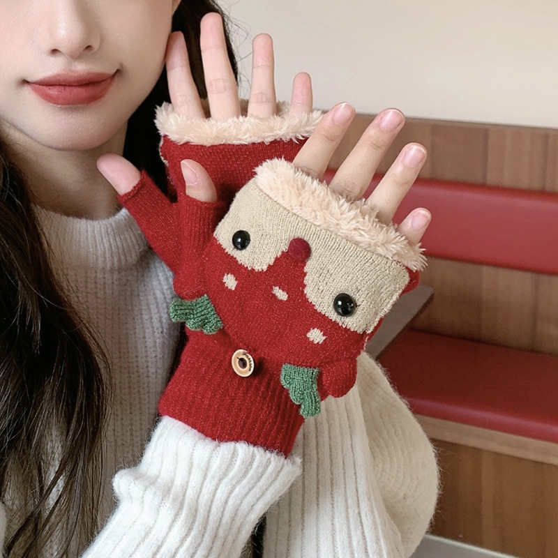 手套冬季女可爱加绒加厚棉保暖韩版学生冬天翻盖露指写字半指圣诞