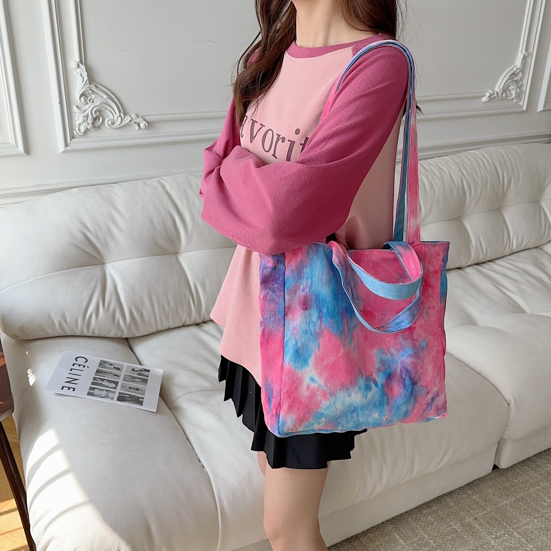 拉夫&middot;劳伦马球新潮扎染灯芯绒纯色双面单肩帆布包学生书包女大容