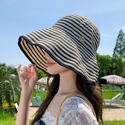 日系可折叠条纹渔夫帽女夏季大檐可扎马尾遮阳帽子户外防晒太阳帽