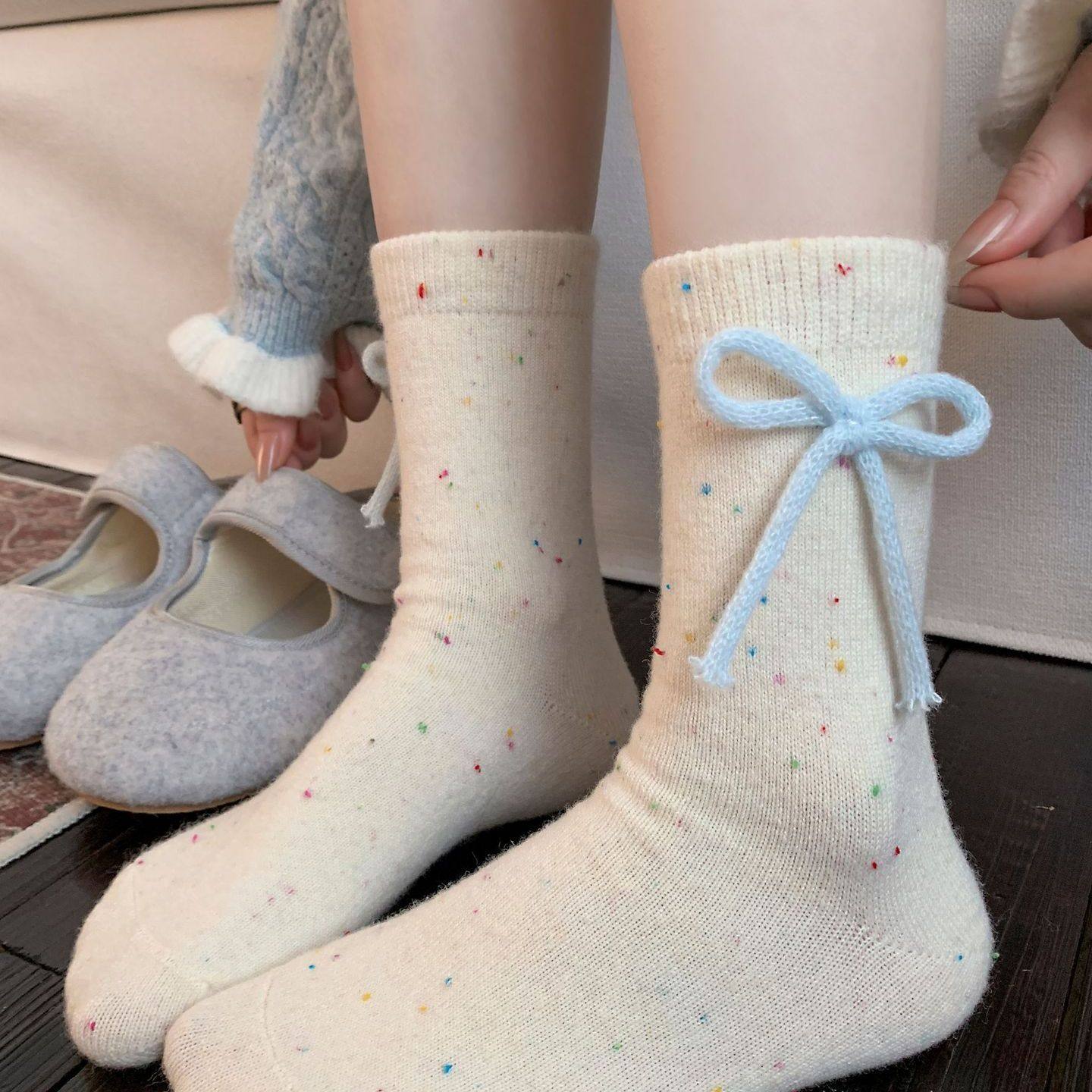 灰色格雷系袜子女秋冬季加厚保暖中筒袜韩系可爱长袜miu系堆堆袜