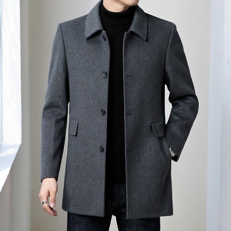 韩版大衣男士中长款加厚风衣爸爸装2025冬季保暖新款翻领外套百搭