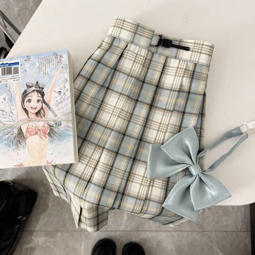 茉莉花百褶裙正统格裙漫画绿格学生校供金线款JK日系风百搭半身裙