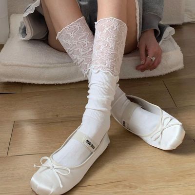 白色蕾丝靴袜拼接袜子女小腿袜高筒芭蕾风袜套木耳花边推推袜春秋