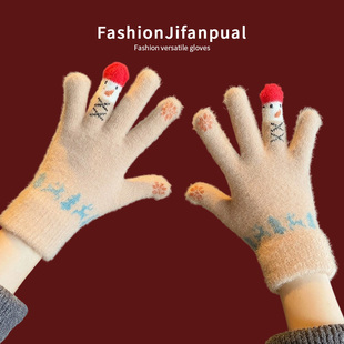 新年圣诞节礼物红色毛线手套女秋冬季加厚保暖防寒全指针织可触屏