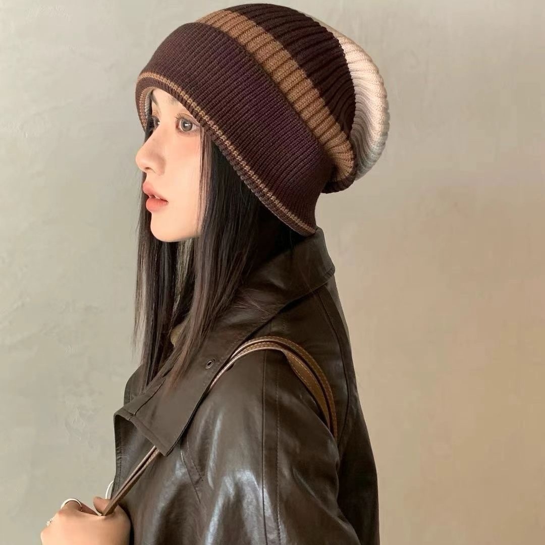 帽子女士2025新款秋季保暖加厚毛线帽大帽檐显脸小简约条纹针织帽