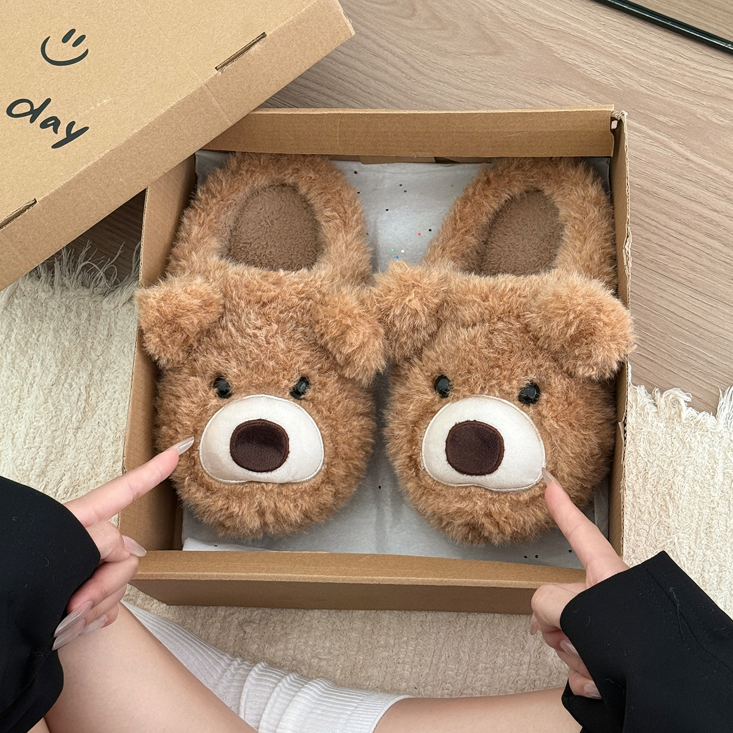 萌趣小熊毛毛拖鞋女外穿2025新款厚底保暖棉拖鞋冬季可爱毛绒棉鞋