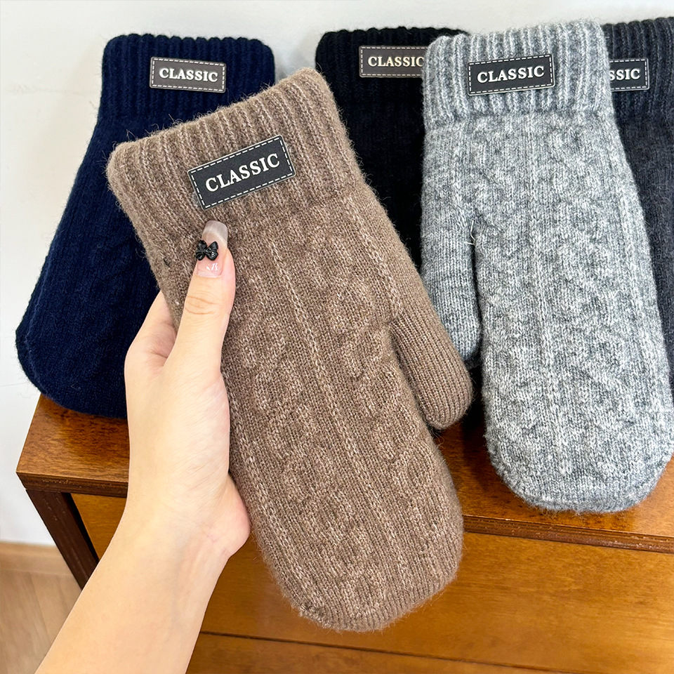 手套男士冬季加绒加厚不分指双层毛线全包连指户外骑行防寒冻保暖