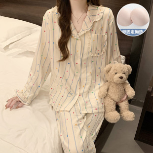 甜美可爱休闲条纹家居服套装 2025新款 可外穿 睡衣女秋季 韩版