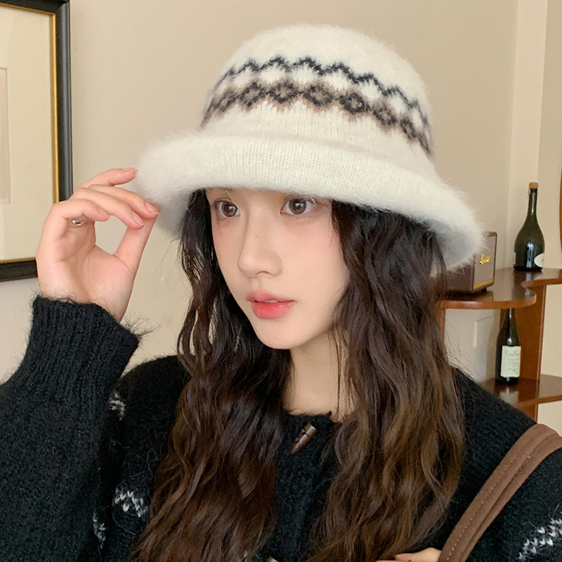 费尔岛风提花卷边盆帽女款冬季复古时尚百搭渔夫帽防寒保暖针织帽
