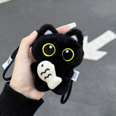 可爱呆萌抱小鱼大眼黑猫挂件罗小黑钥匙扣毛绒玩偶黑猫情侣包挂件