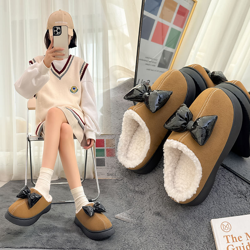 踩屎感蝴蝶结棉拖鞋女外穿秋冬季新款加绒保暖厚底羊羔绒毛毛拖鞋