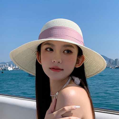 赫本风草帽英伦礼帽女遮阳防晒太阳帽出游渔夫帽盆帽沙滩帽子夏天