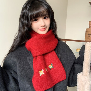 卡通三只小马围巾2025新款今年马年流行爆款女冬季保暖围脖红色