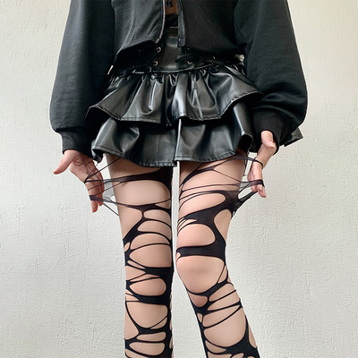 绷带黑丝y2k袜子亚文化性感朋克风破洞渔网袜裤长筒袜黑色丝袜女