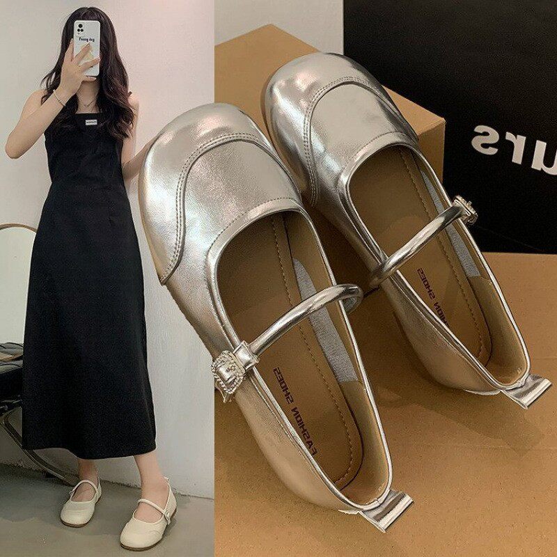 银色单鞋女2026新款春秋浅口金属风玛丽珍芭蕾晚晚温柔气质小皮鞋图片