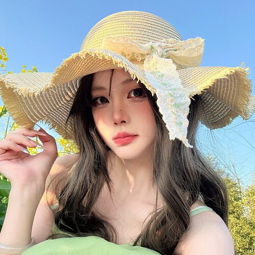蕾丝蝴蝶结草帽女夏海边沙滩度假波浪边遮阳防晒法式甜美太阳帽子