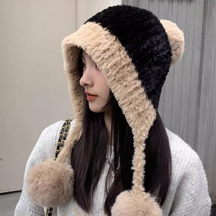 针织吊球毛线帽女秋冬新款保暖护耳朵针织帽加绒加厚毛绒雷锋帽子