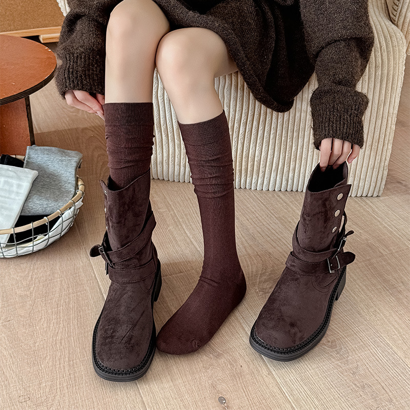 咖色小腿袜冬女日系复古堆堆袜子配长靴保暖秋冬美拉德长筒靴子袜