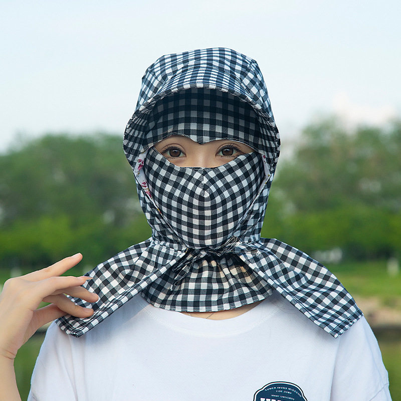 新款防晒帽子口罩一体女大檐采茶帽遮阳帽遮脸夏季防紫外线格子帽