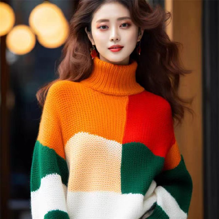 广州十三行女士毛衣新款2025爆款拼色高档羊绒衫慵懒风针织打底衫