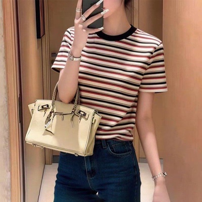广州白马短袖无锡纯棉t恤女2026夏季新款沙河条纹上衣虎门女士t恤