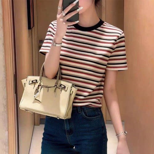 广州白马短袖无锡纯棉t恤女2026夏季新款沙河条纹上衣虎门女士t恤