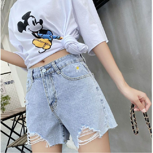 郑州女裤小雏菊破洞牛仔短裤女广州十三行新塘减龄高腰绣花牛仔裤