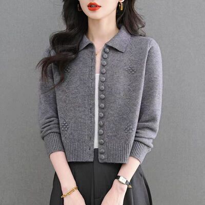 东莞大朗短款针织衫不起球女新款正品广州十三行翻领开衫毛衣外套