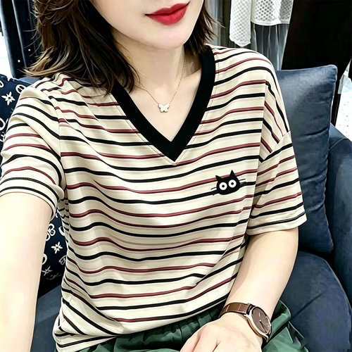 无锡纯棉V领短袖t恤女夏季鸡心领广州白马沙河十三行虎门条纹上衣