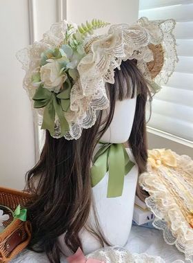 多巴胺洛丽塔田园扁帽草帽奈特BNT蕾丝蝴蝶结lolita发饰日系配饰