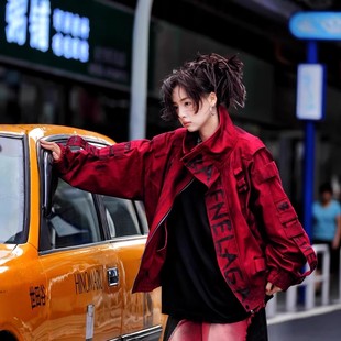 抖音直播款设计【暗火】雕磨手工涂鸦泥染廓形牛仔外套夹克套装