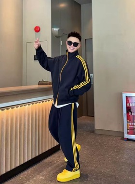 YULE语乐90251/2556美式撞色三条杠运动卫衣套装休闲立领外套裤子