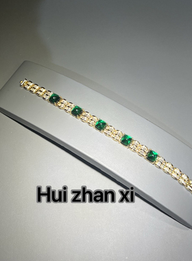 Hui zhanxi 培育祖母绿k黄糖塔满镶满钻手链s925银镀金