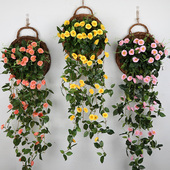 简约编织吊篮花盆仿真花套装 饰品柳编壁挂花篮 创意墙挂手工藤编装