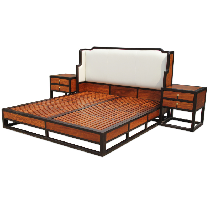 新中式刺猬紫檀红木真皮床