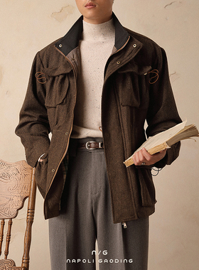 半高拉链夹克男冬季商务宽松多口袋绅士免烫外套休闲游民复古猎装