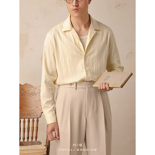 夏季古巴领长袖衬衫宽松休闲免烫