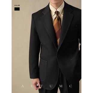 牛仔休闲西装男秋冬季单排扣商务修身免烫单西平驳领意式垂感外套