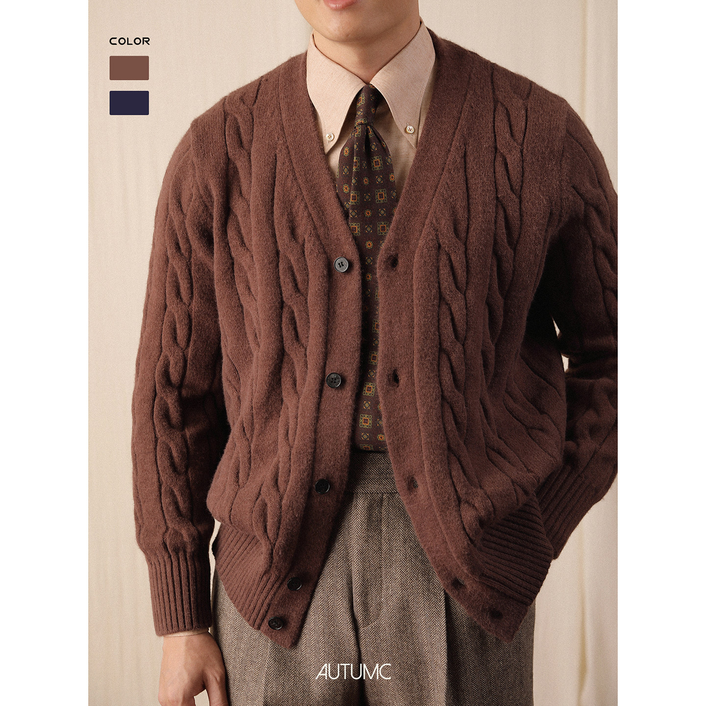 开衫保暖麻花毛衣男秋冬休闲宽松免烫V领上衣意式纯色商务针织衫