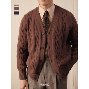 开衫保暖麻花毛衣男秋冬休闲宽松免烫V领上衣意式纯色商务针织衫