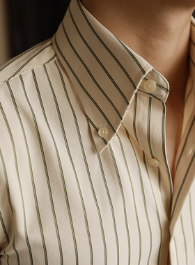 休闲条纹衬衫男长袖秋季商务免烫修身绅士上衣百搭时尚尖扣领衬衣