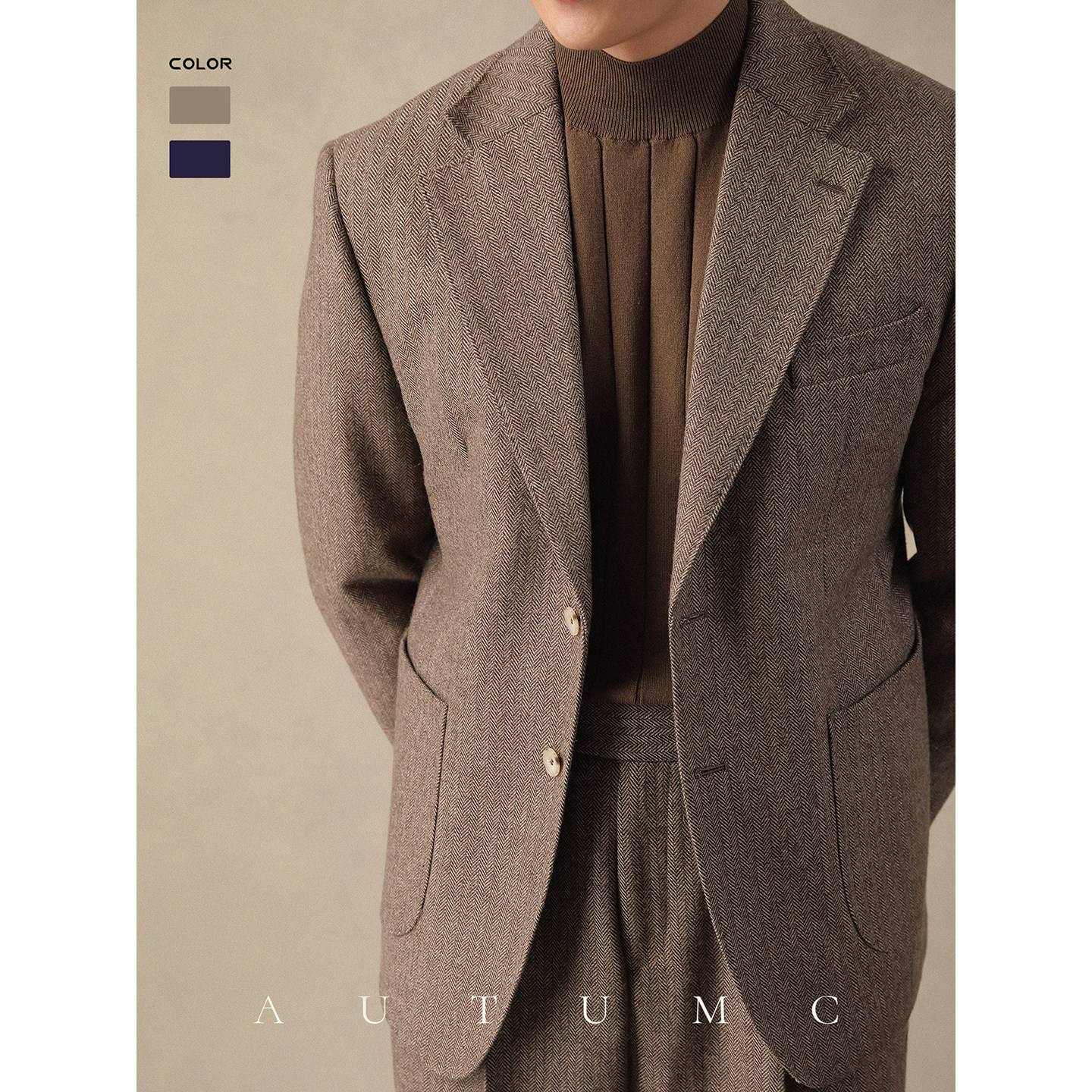 羊毛平驳领西装男秋冬修身免烫意式人字纹单西商务单排扣休闲外套