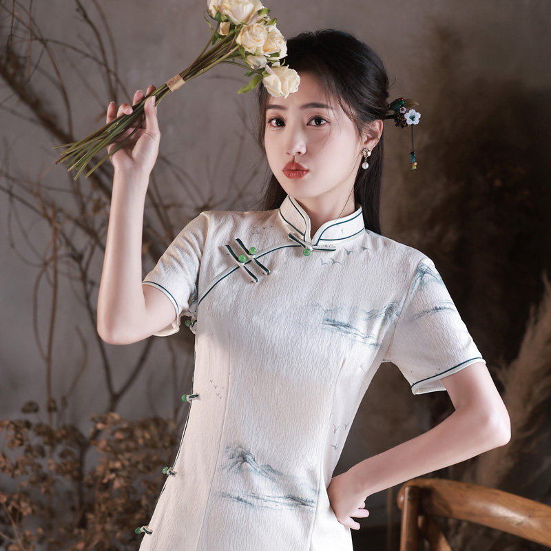 改良旗袍女新款2023夏季年轻妈妈高端气质水墨民国风小洋装连衣裙