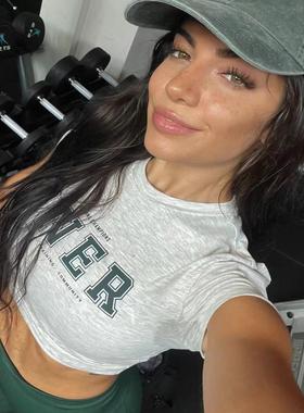 TTWOLVES超轻磨毛弹力棉新BabyTee学院风印花短款女士运动短袖S59