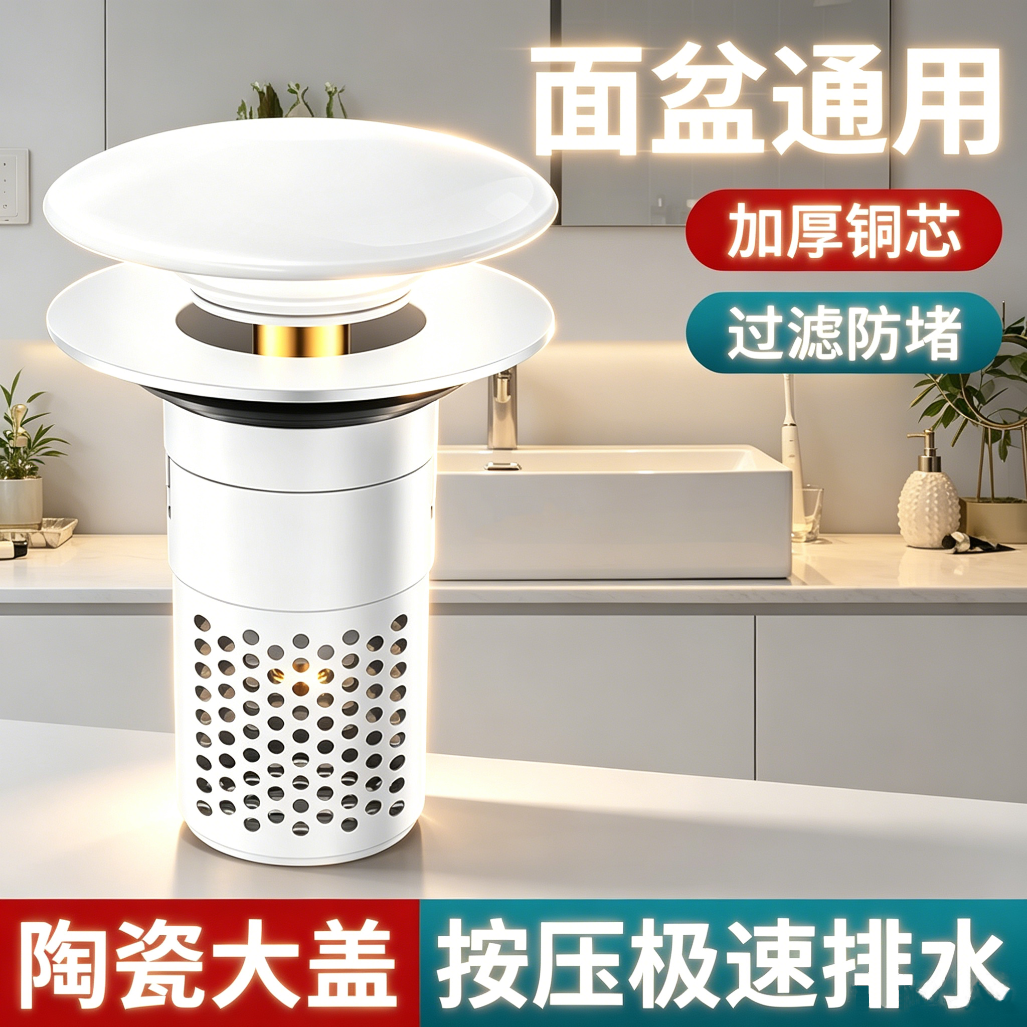 面盆按压式弹跳芯下水器排水过滤防堵加厚铜芯陶瓷大盖脸盆配件