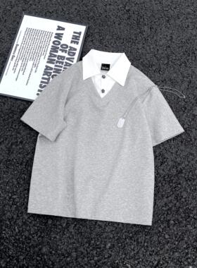 W455假两件短袖P37黑色灰色M到3XL