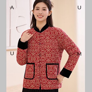 森牧羊毛驼绒花棉袄中老年女士保暖上衣老太太加大码开衫外套棉服